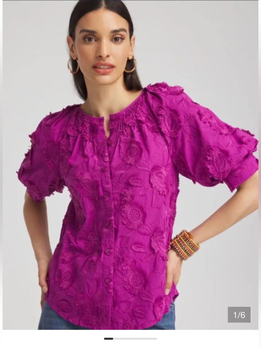 Chico's Vibrant Magenta Floral Embroidered Button-Down Top